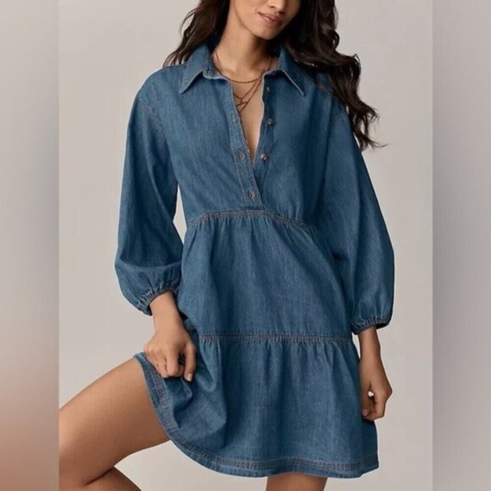NWT Size L -The Bettina 100% Cotton Denim Tiered Mini Shirt Dress (NWT US$ 148)